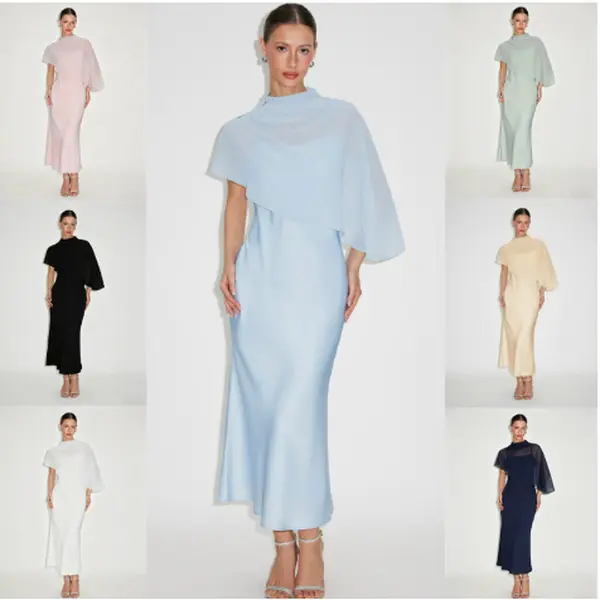 Women Chiffon Cape Overlay Satin Midi Dress, Mock Neck Cape Sleeve Sleeveless Slip Mermaid Dress, Elegant Formal Evening Wedding Guest Party Maxi Dresses for Women