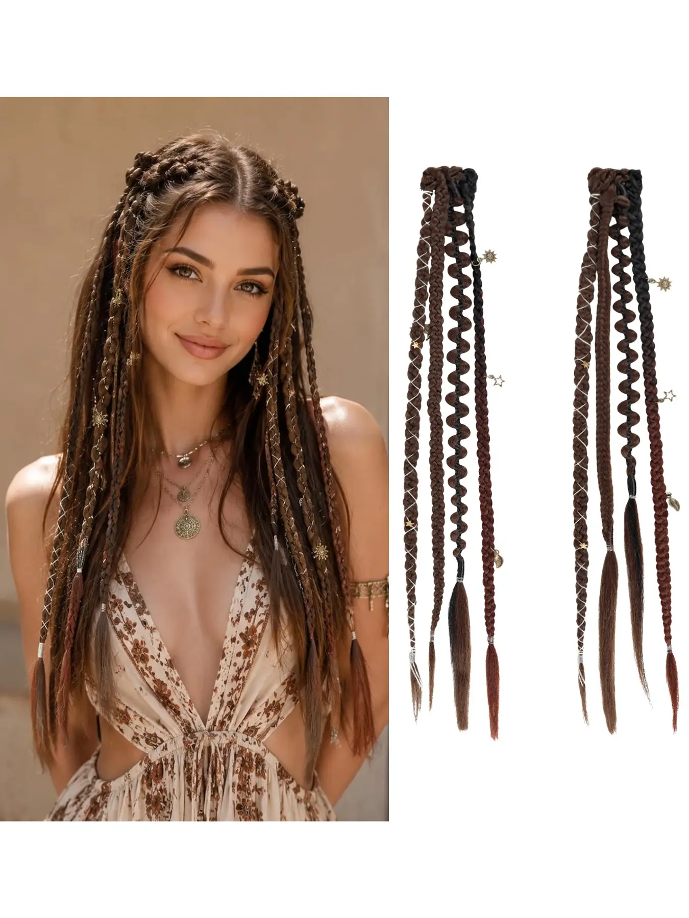 Instant Boho Hairstyle Clip In Braids, 16 Inch Synthetic Braided Hair Extensions with Beads and Sun Charms, Lightweight Easy Install Hair Accessory, Y2K Goddess Locs Style for Women Girls Daily Fashion