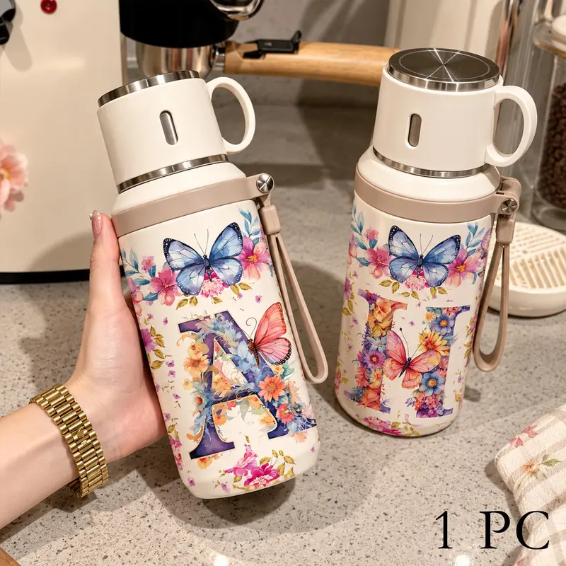 1Pc 600ml insulated mug, double wall vacuum thermal cup, 12h hot, 24h cold, leak proof lid with handle, stainless steel, Butterfly letter, floral alphabet A-Z print, personalized initial design, gift for women, mom, birthday, Mother's Day gift