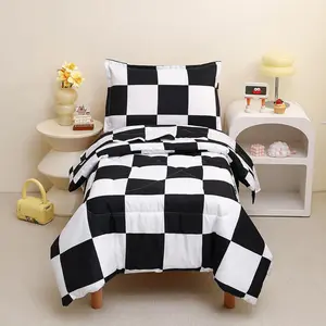 Checkered Toddler Bedding Set, Classic Black and White Plaid Bed Set, Fluffy Grid Buffalo Plaid 4 Pieces Kids Comforter Bed Set with Comforter, Fitted Sheet, Flat Sheet, Pillowsham