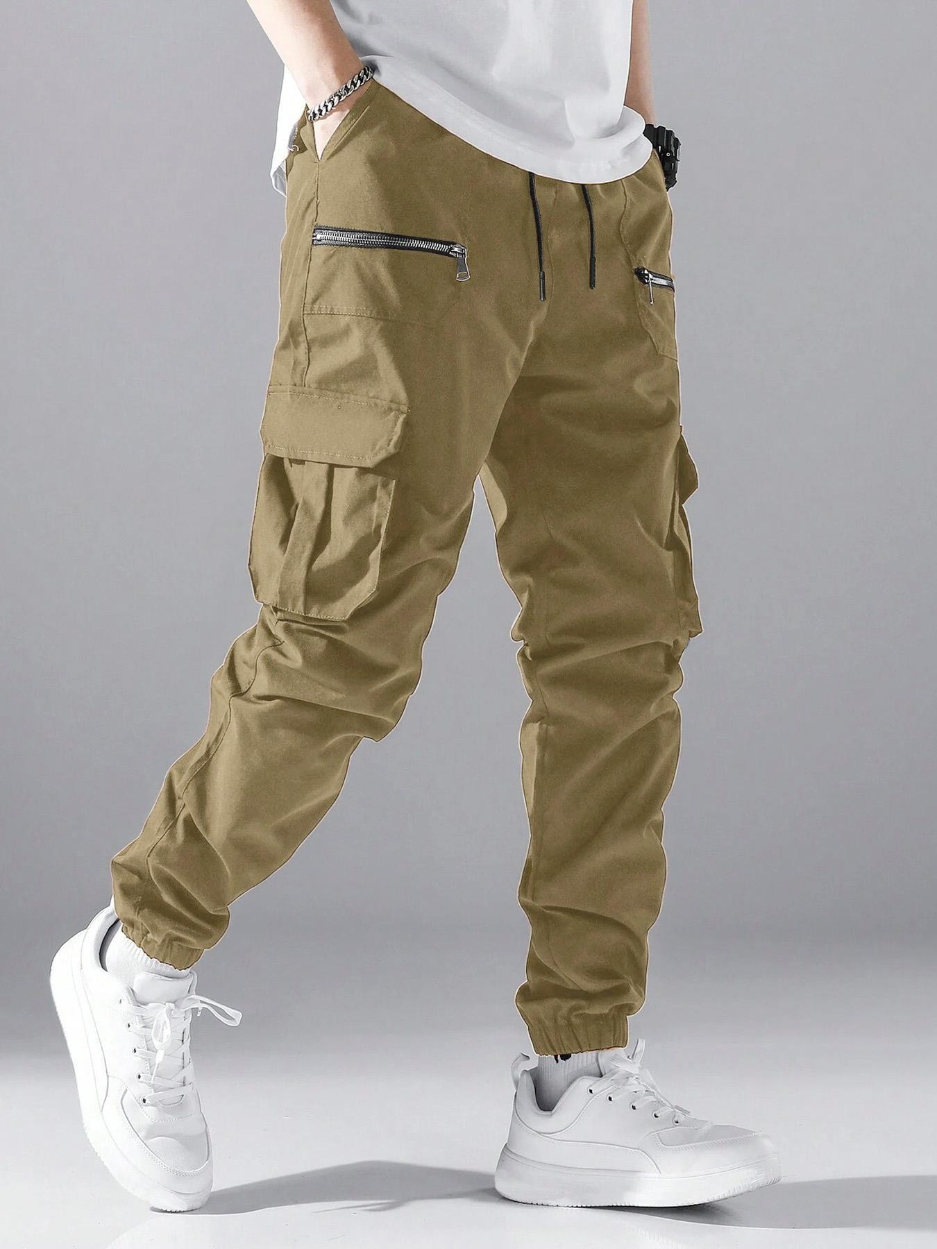 Men's Loose Solid Pocket Drawstring Waist Cargo Pants, Street Fashion Zipper Jogger Pants For Daily Wear, Casual Men's Trousers For All Seasons