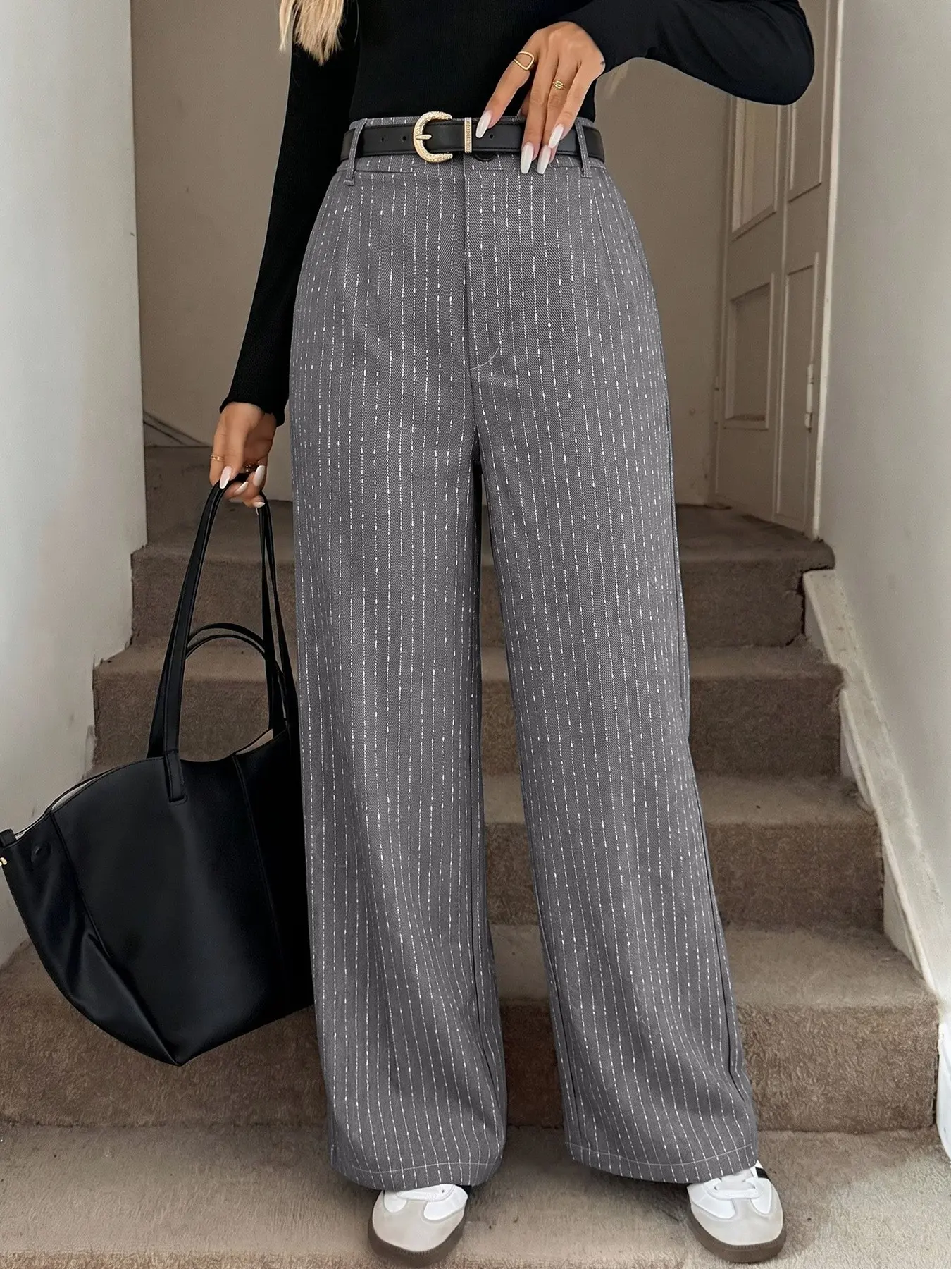 Vintage Vertical Striped High Waist Wide Leg Suit Pants for Women, Loose Fit Slimming Straight Leg Long Pants for Office and Casual Wear