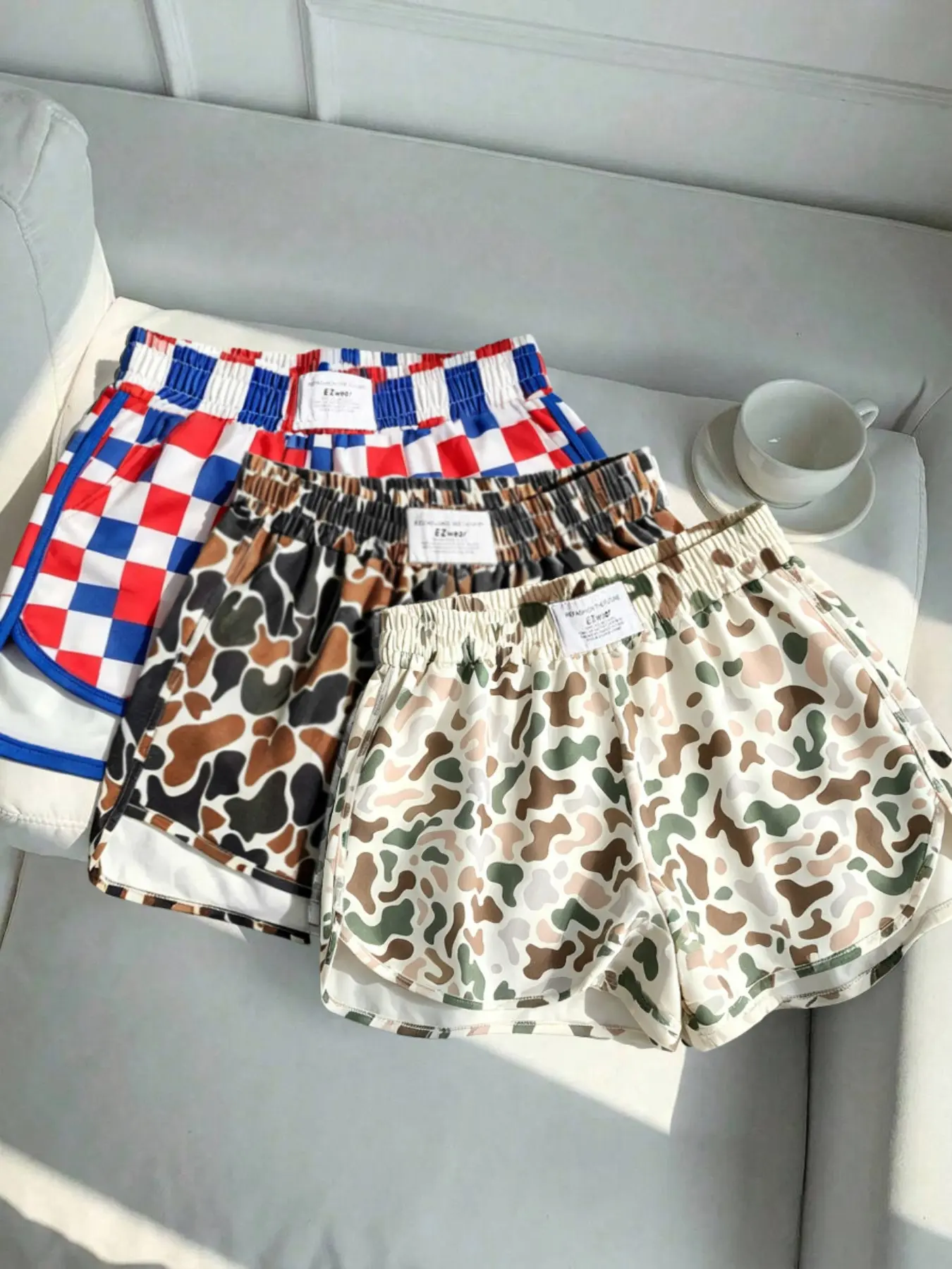 3 pieces, camouflage spots and versatile shorts with red, blue, and white checkerboard patterns, summer thin elastic waist with pocket sports home shorts