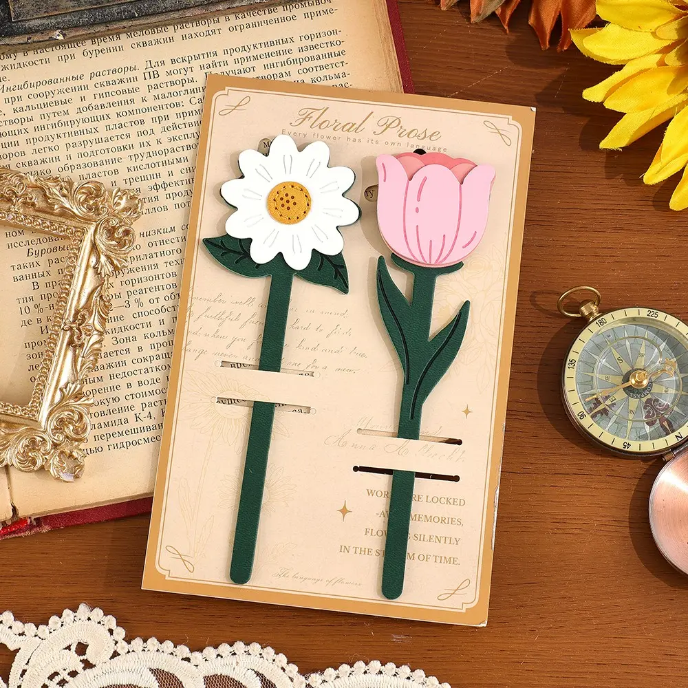 2 Pcs PU Leather Floral Bookmarks, Soft Flower Page Markers, Daisy Tulip Rose Sunflower Patterns, Hand Account Decor, Reading Gift