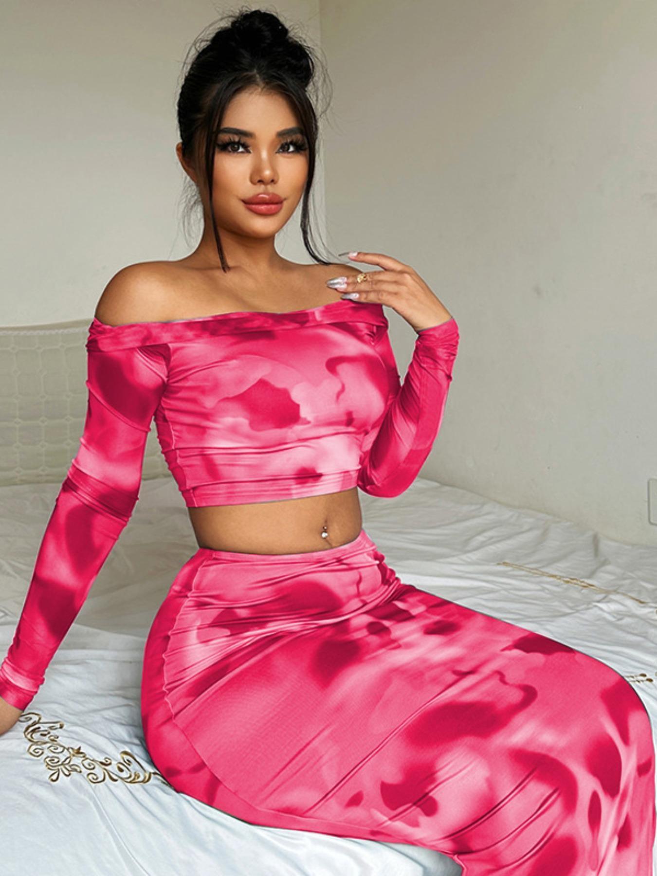Women's All Over Print Skirt Set, Elegant Chic Off Shoulder Crop Long Sleeve Top & High Waist Bodycon Skirt Set, Fashion Casual Two Piece Outfits for Party Club Dating, Ladies Clothes for All Seasons Valentine's Day, Gift