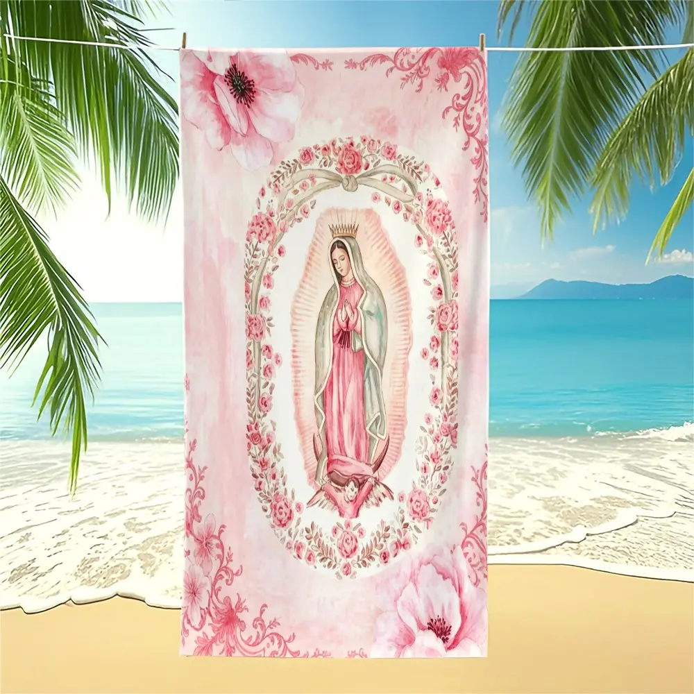 Watercolor Pink Rose Virgin Mary Print Beach Towel Single Pack, Microfiber Quick Dry Absorbent Fabric, Sand Resistant & Easy To Clean, Travel Towel For Beach Pool Spa Outdoor Trips