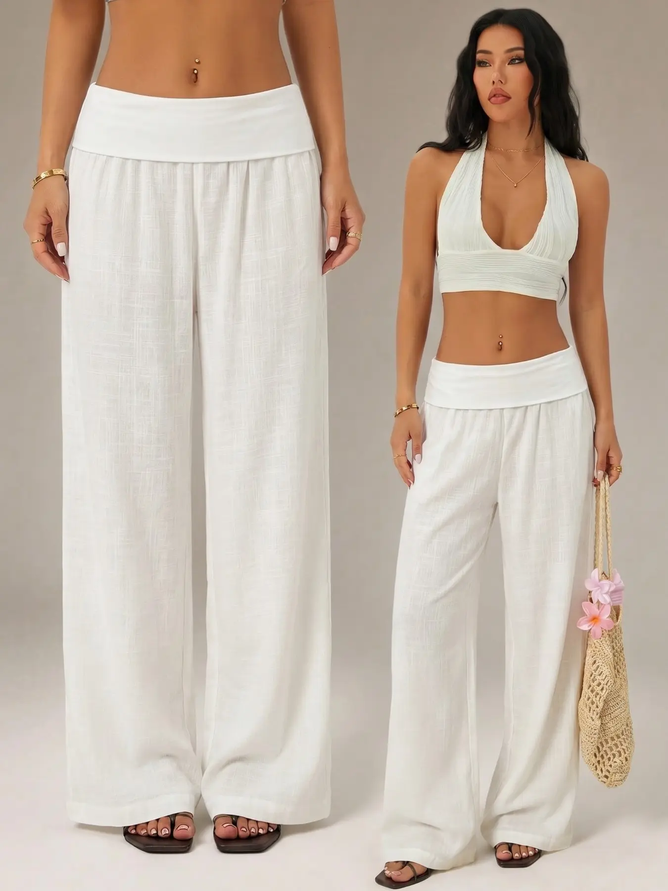 Women's Faux Linen Fold Over High Waist Wide Leg Pants Bottom, Baggy, Solid, Lightweight, Loose Full Length Casual Trousers Fold Waistband Relax Fit Summer Streetwear Daily