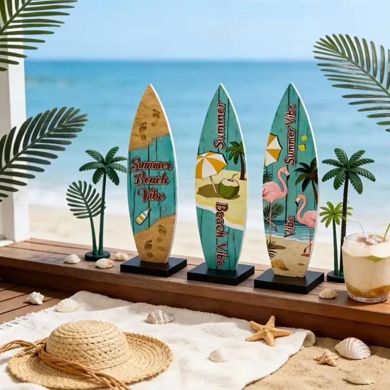 3 Pack Summer Beach Surfboard Wooden Tabletop Decor, Tropical Flamingo Coconut Palm Rustic Surf Board Table Sign with Base, Summer Beach Vibe Tiered Tray Ornament for Coastal Pool Party Kitchen Home Decor