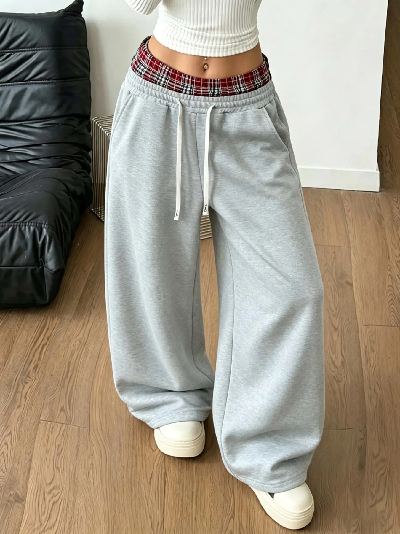 Women Plaid Contrast Drawstring Waistband Wide Leg Sweatpants, High Waist Casual Pajama Pants, Soft Stretch Loungewear with Side Pockets