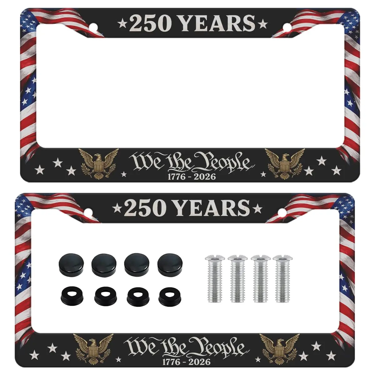 250 Years of Freedom License Plate Frame 2 Pack - America 250th Anniversary 1776-2026 Patriotic US Flag Eagle Aluminum Car Tag Covers with Screws Caps, USA Semiquincentennial Novelty Auto Exterior Accessories Gifts Fits US Standard 12x6 Inch