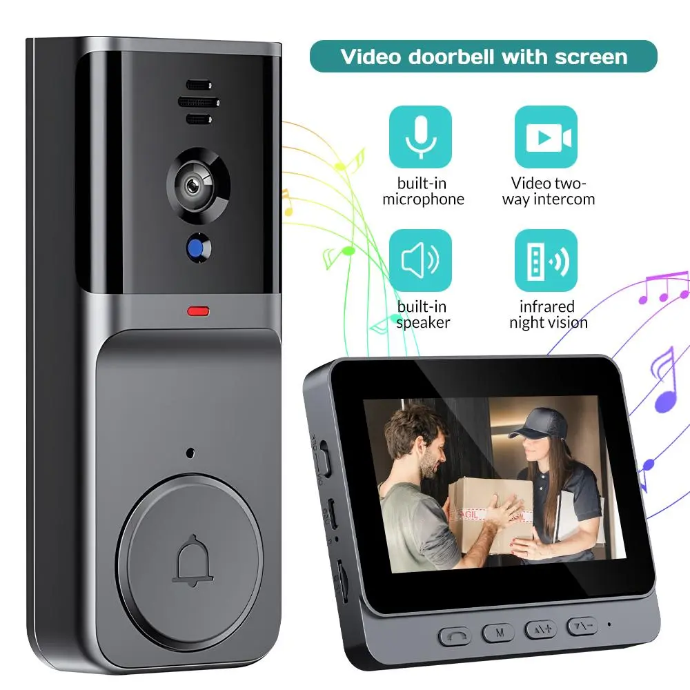 1MP Wireless Video Doorbell with Indoor Monitor, 100W Pixel 720P HD Camera, Two-Way Intercom, Infrared Night Vision, Voice Changer, No WiFi Needed for Home Security