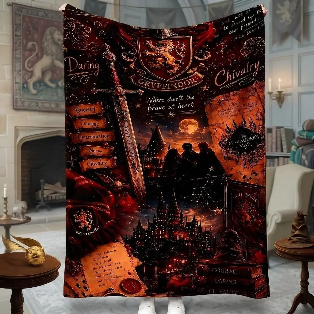 Wizard Academy Lion Crest Plush Blanket, Magical Castle Design, Ultra-Soft Crimson Fleece Throw, Perfect Gift for Wizard Lovers