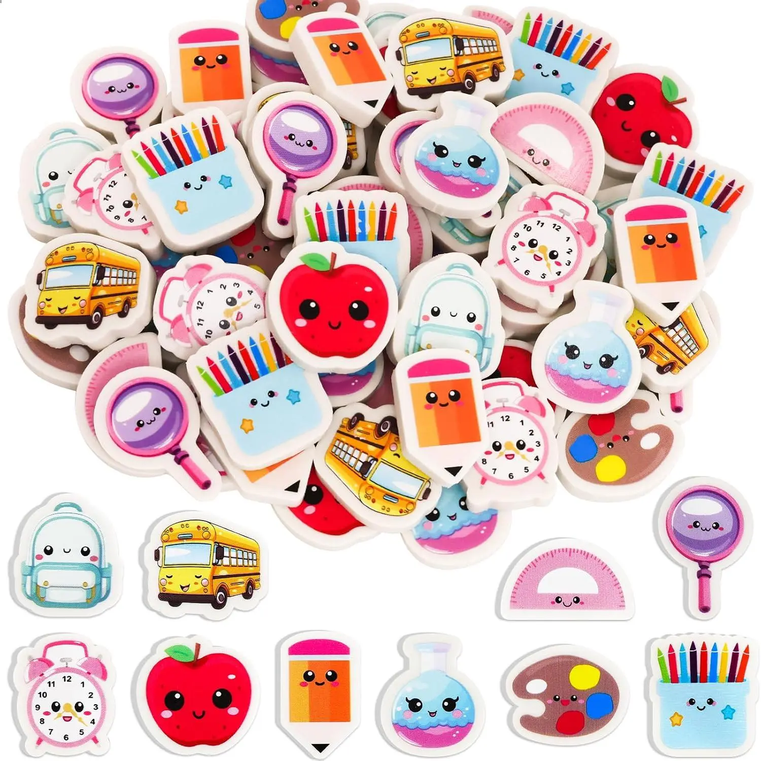 60 count  to School Erasers Bulk Mini Pencil Erasers | Schoolbag, School Bus, , Pens Eraser, Student Classroom Prizes, Stationery Homework Rewards, Party Favors Supplies