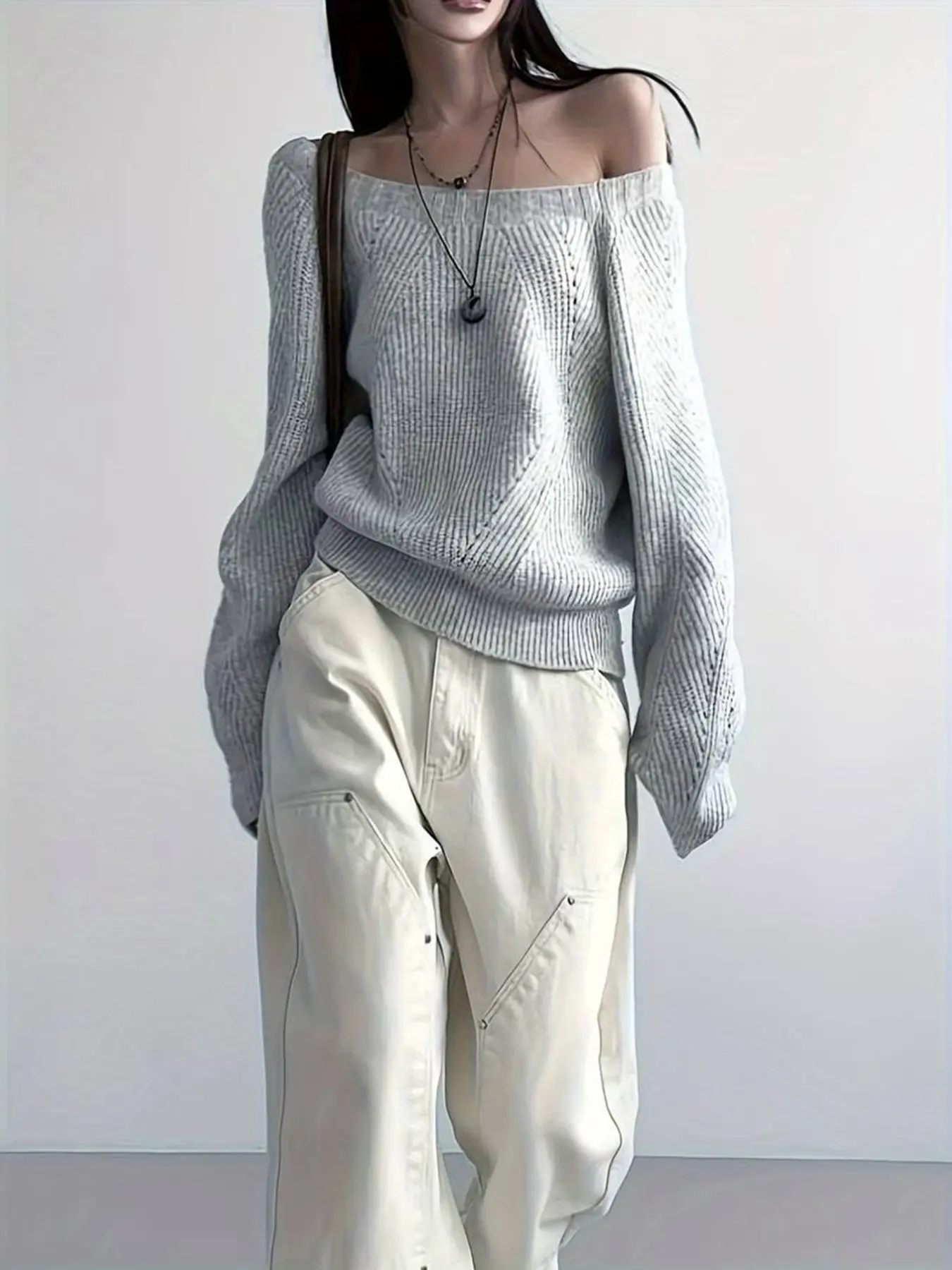 New Fashion Korean Style Asymmetrical Neck Long Sleeve Sweater, Loose Fit Elegant Knit Top, Casual Office Wear, Date