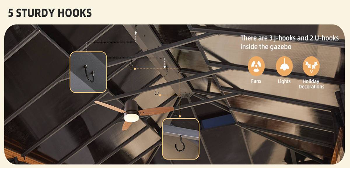 12'×20' Hardtop Gazebo, Faux Wood Grain Aluminum Outdoor Gazebo, Vertical Stripe Polycarbonate Double Roof, Curtains and Netting, Permanent Gazebo