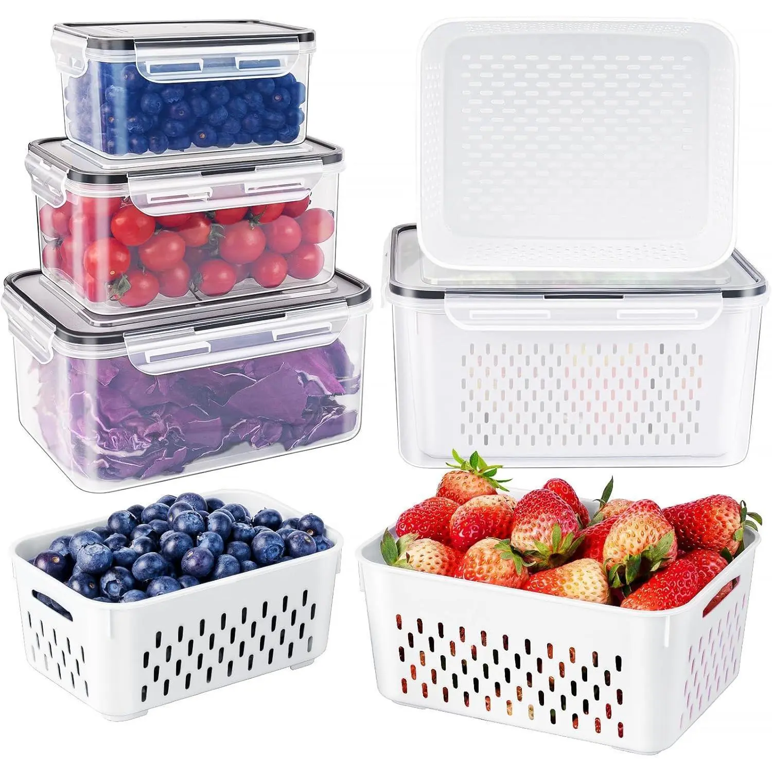 Food Grade Plastic Produce Saver Containers Set - BPA-Free, Sturdy, Stackable, Leak-Proof, Dustproof, Airtight Resealable Lid, Removable Colander for Draining, Varied Sizes, Easy Washing, Maintains Freshness (8/12 Pcs) Kitchen Gadget