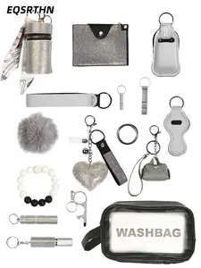 17pcs Self Defense Keychain for Women Full Aesthetic Safety Keychain Accessories Emergency Survival Tools Loud Whistle Window Breaker Lip Balm Holder Keyring Wristlet Practical Security Gifts for Her