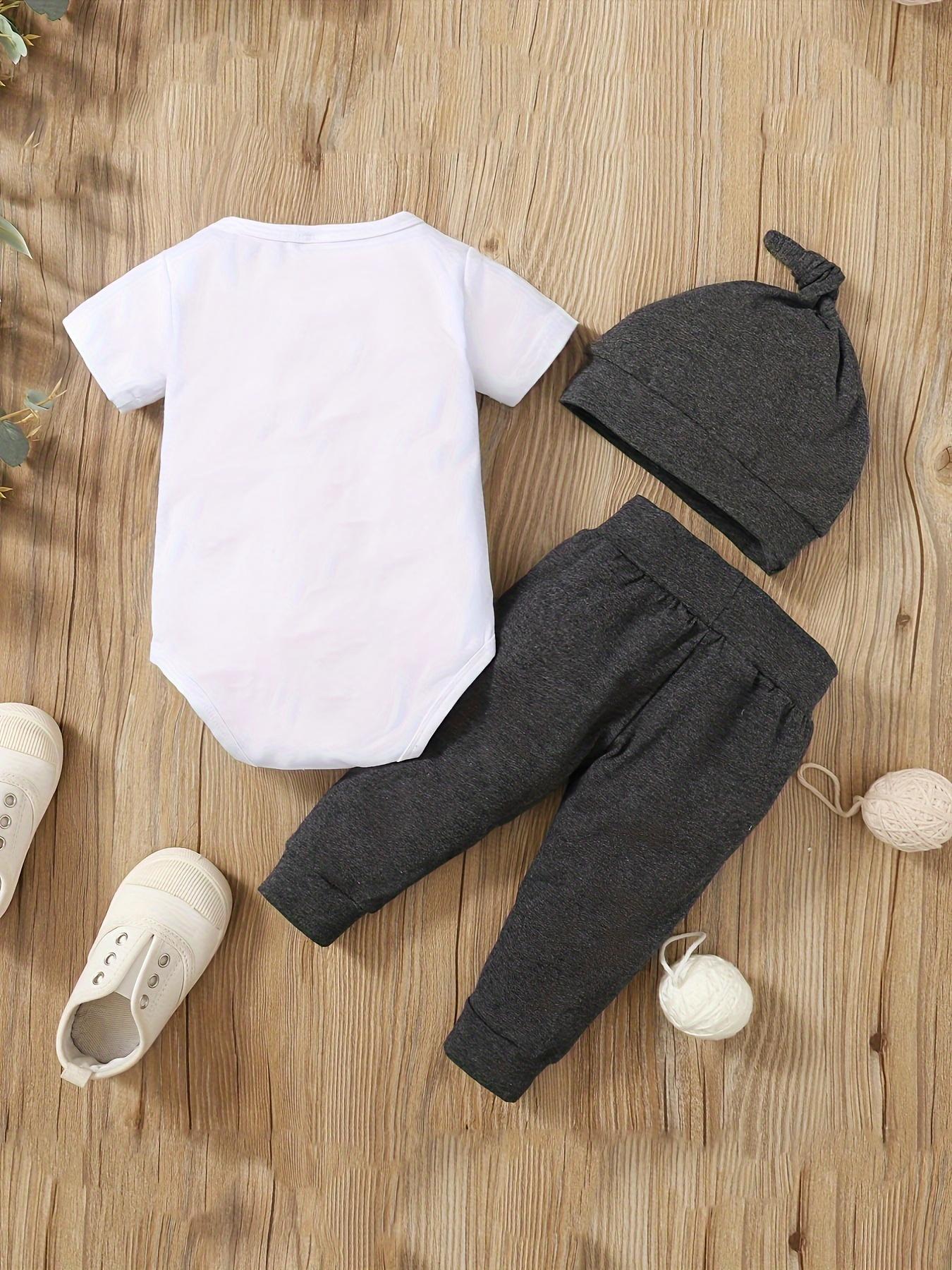 Baby Boys Short Sleeve Letter Print Romper and Long Pants Set with Hat, Outfits, Newborn Gift Set, Stylish Infant Clothes for Summer, Comfortable Baby Clothing