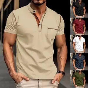 (Free Accessories) Men's Woven Twill Breathable Half Button Henley Polo Shirts Contrast Trim Pocket Casual Sports Short Sleeve T-Shirt Plus Size