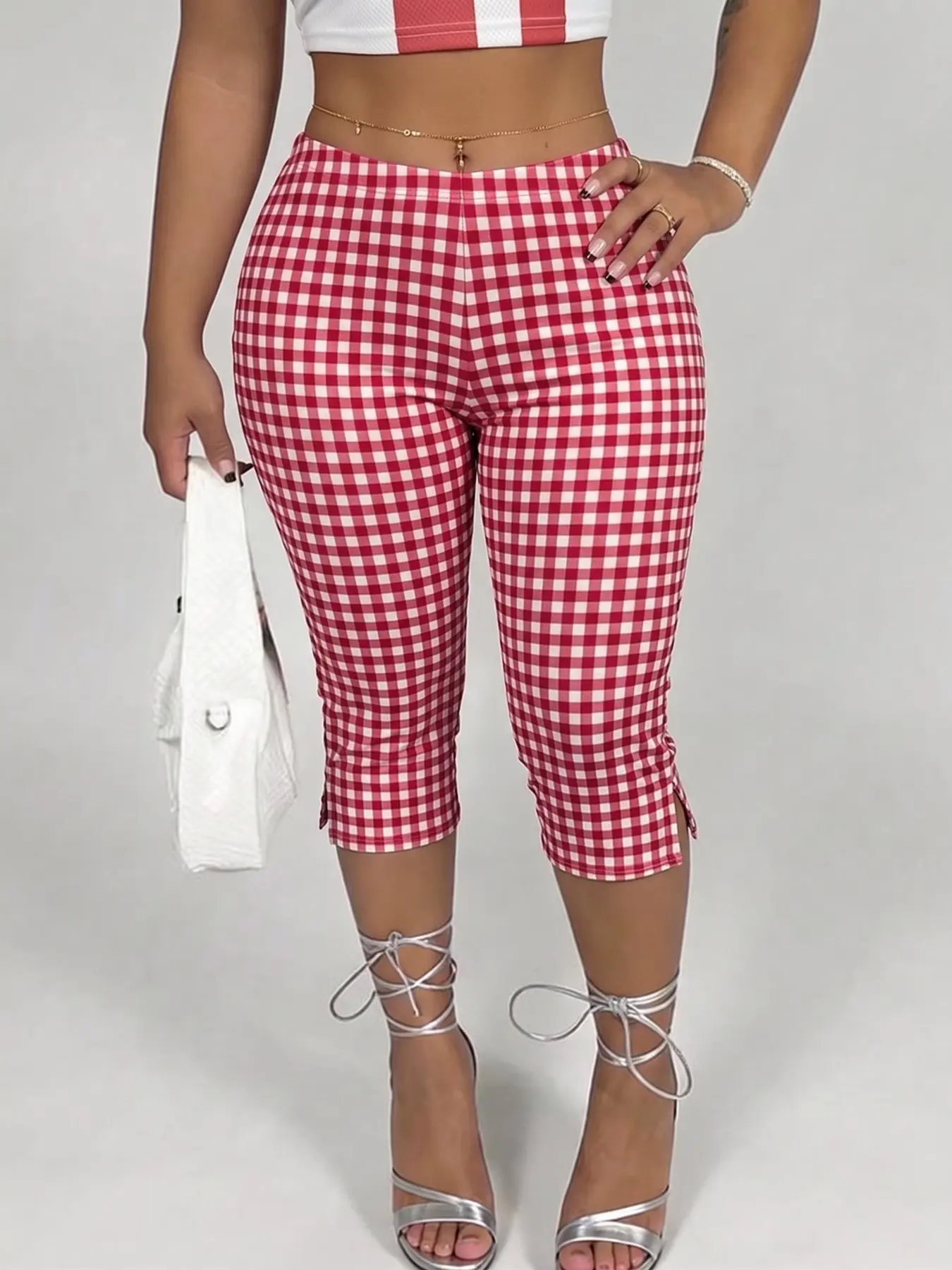Women Trendy Retro Check Slim Capri Pants Red White Plaid Ankle Slit High Elastic Separable Street Bottom