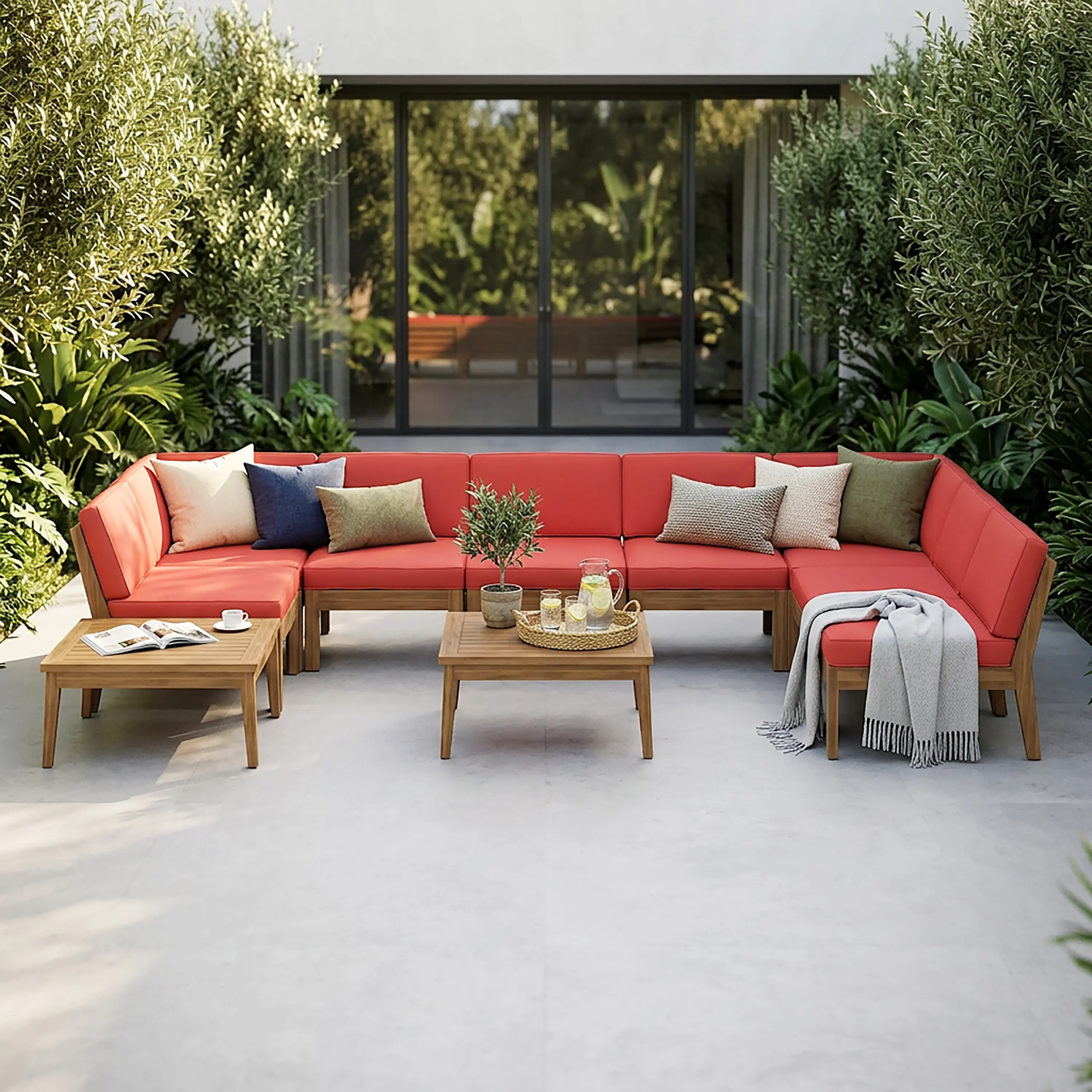 ARCH 8 Seater Acacia Wood Sectional Sofa Set for Living Room, Teak and Red Color, Indoor L-Shaped Couch with Solid Wood Frame, Spacious Seating for Family Gatherings, Easy Assembly, 1 Set, Living Room Furniture for Apartment, Lounge, Family Room