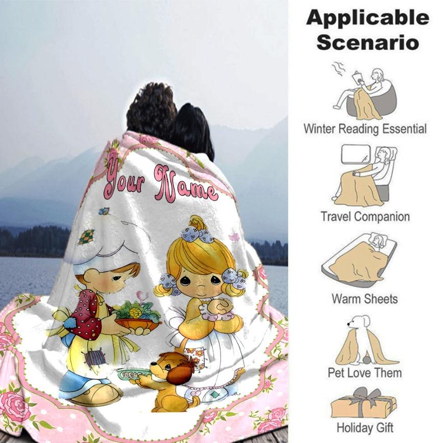 Precious Moments Custom Name Flannel Blanket Personalized Cute Angel Aesthetic Soft Warm Throw For Gamer Room Decor Dorm Essential Bed Sofa Home Holiday Gift