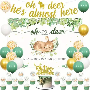1Set Deer Baby Shower Decorations for Boy Oh Deer Hes Almost Here Banner Backdrop Cake Tapper Cupcake Toppers Balloons for Deer Woodland Animal Baby Shower Party Supplies
