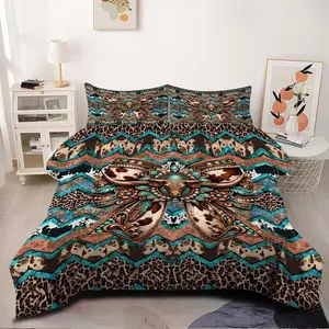 2/3 Piece Cow Head Pattern Printed Quilt  Set, American Style Bedding Set, Soft And Breathable Quilted Quilt With 1/2 Coreless Pillowcase, Suitable For Bohemian Style Bedroom Bedding Set