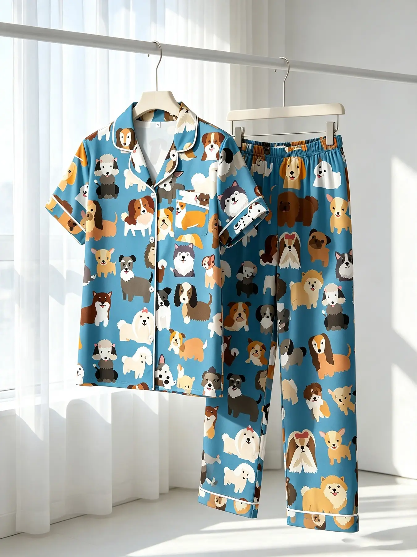 Women's Cardigan Short‑Sleeve Top And Long Pants Pajama Set, Wearable For All Seasons, Multi‑Cute Puppy Blue Print Loungewear, Pet‑Themed Cozy Bedroom Outfit