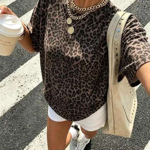 Vintage Leopard Print Oversized Short Sleeve T Shirt Women Streetwear Casual Loose Fit Trendy Daily Commute Soft Tee Top