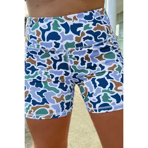 Sky Blue Abstract Camo Printed Seam Detail Biker Shorts