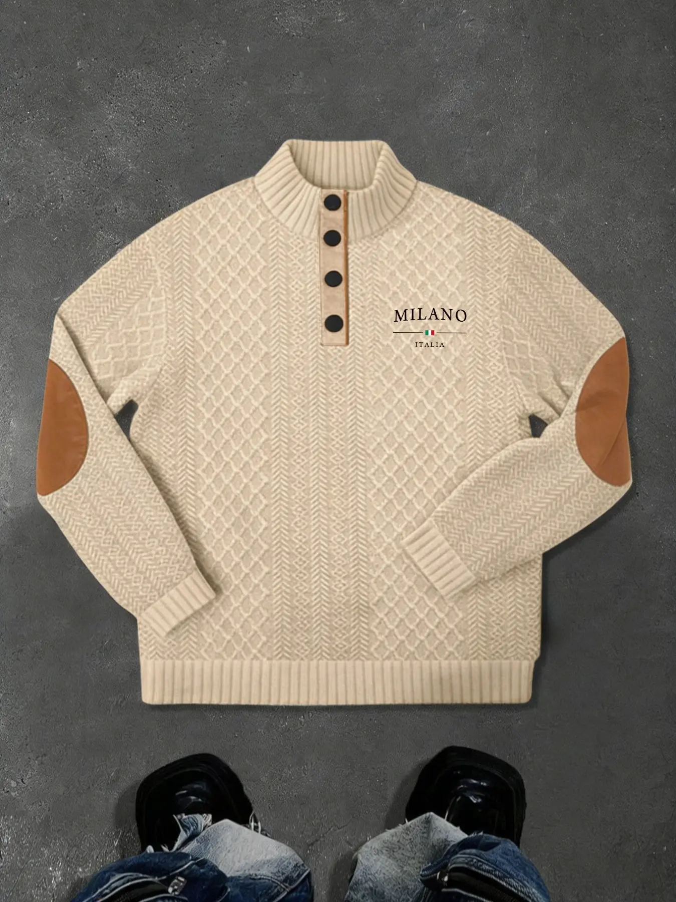 Men's Letter Print Graphic Striped Polo Knit Sweater, High Neck Long Sleeve, Casual Fitted Pullover Fall & Winter Wear, Formal and Leisure Occasions, Knitwear, Graphic Sweater Top