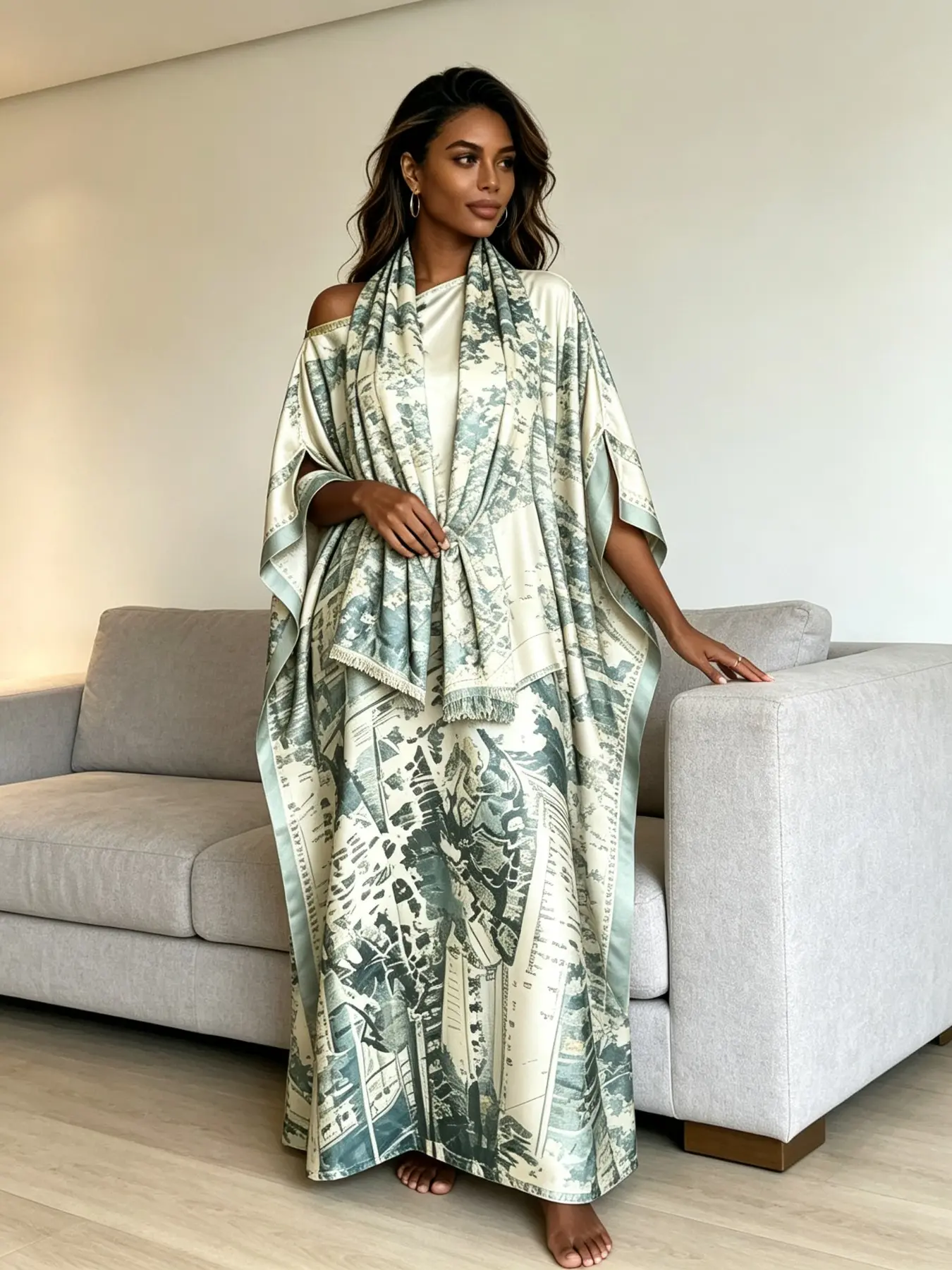 Plus Size Women's Two-Piece Satin Kaftan Set, Vintage City Map Print, Loose-Fit, Breathable, Casual Home & Beach Wear, Beach Kaftans