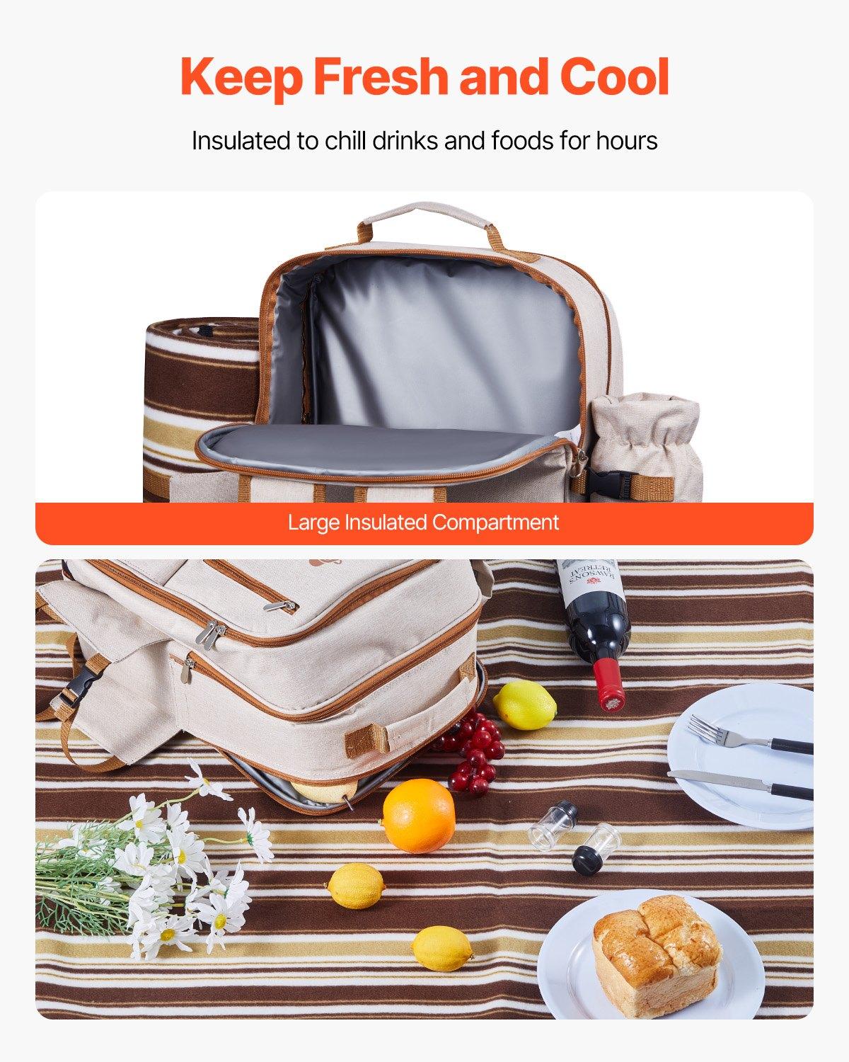 VEVOR Picnic Backpack, Beach Picnic Backpack Bag for 4 Person with Insulated Cooler Compartment, Detachable Bottle/Wine Holder, Lightweight Blanket, Plates & Cutlery Set for Outdoor, Hiking, Camping