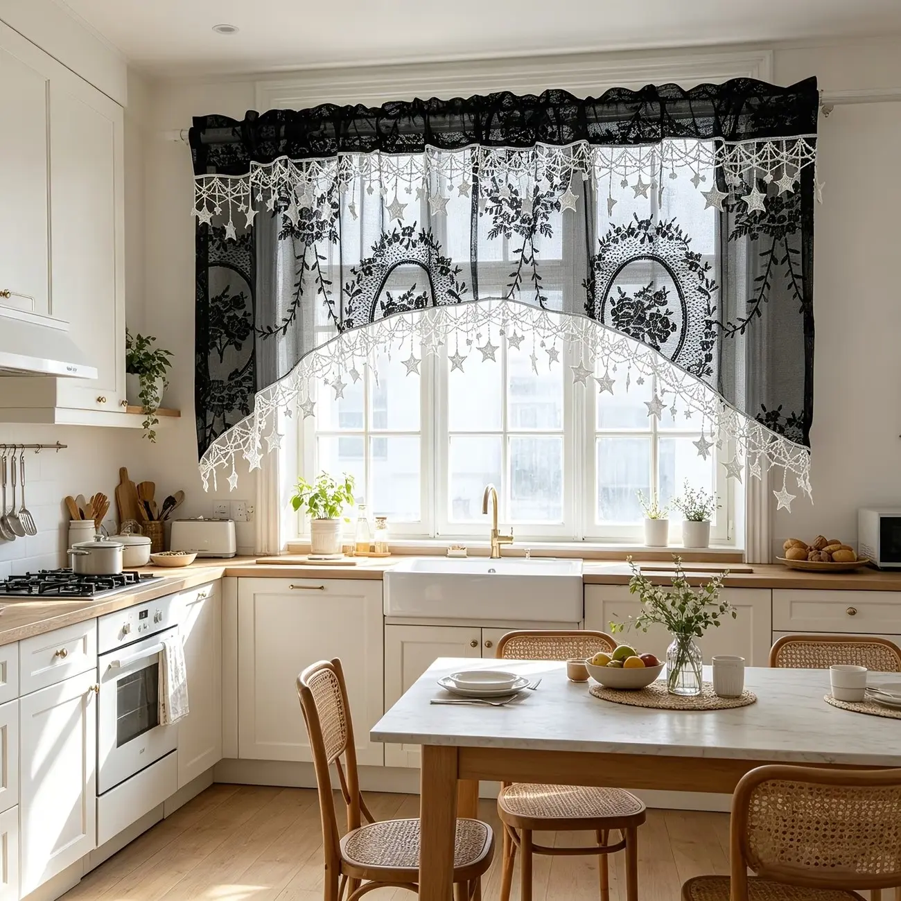1pc Vintage Lace Embroidered Semi-Transparent Curtain, Ready Made Curtains, Solid Color Arc Shape Window Drapes, Star Lace Bottom, Suitable for Cafes and Doors