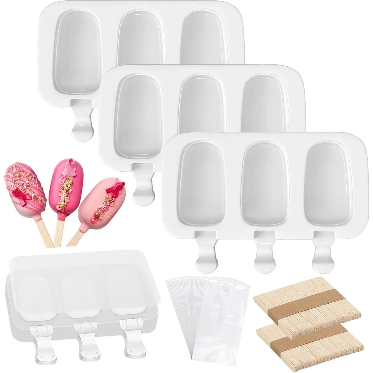 3 Pack  Popsicle Molds with , Cakesicle Ice Cream Mould, White | 3 Cavities per Mold,  Grade , Includes 100 Wooden Sticks & 100 Bags, for Cake Pops, Ice Cream, Homemade Desserts