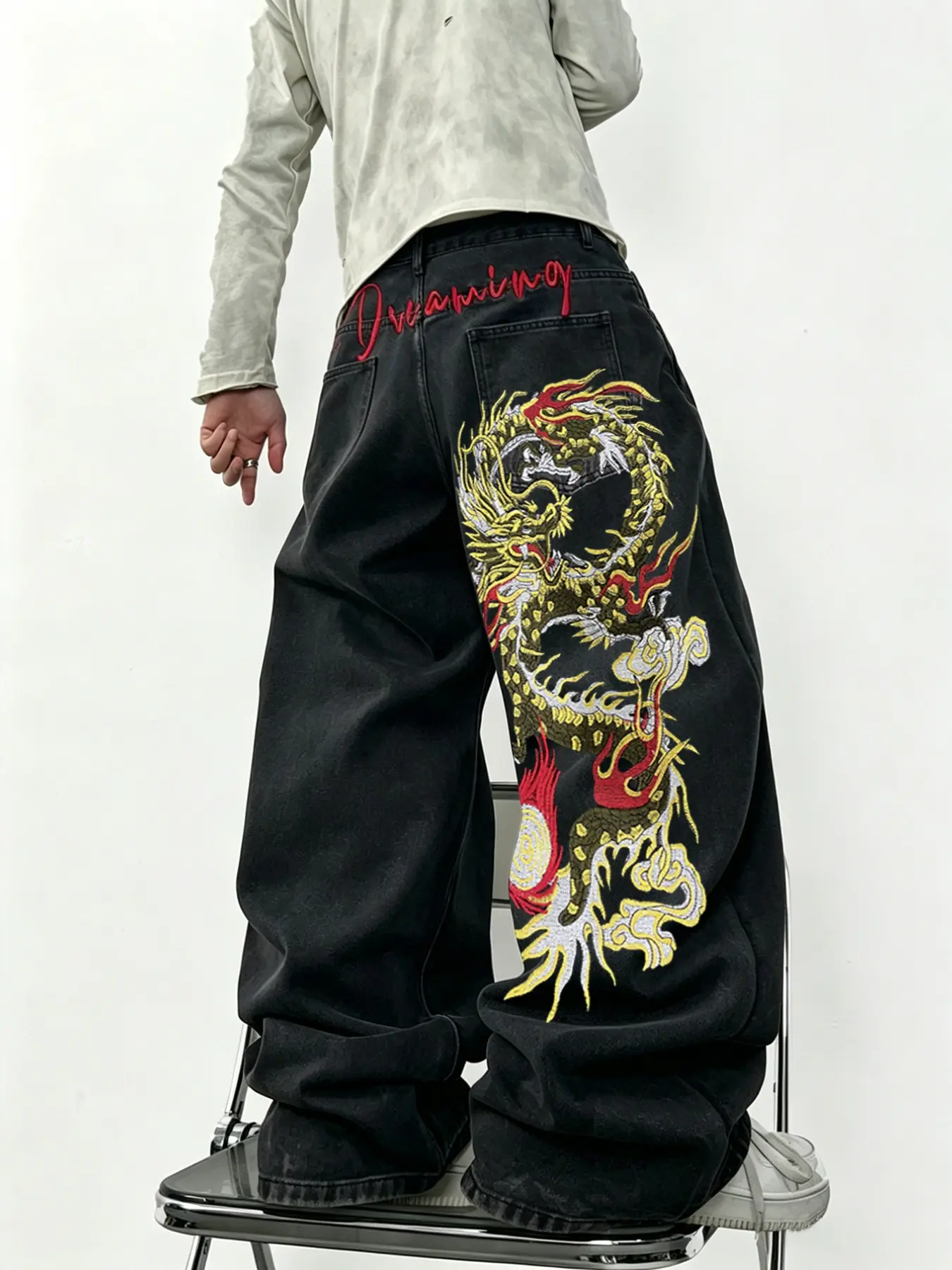 American Vintage Dragon Embroidered Loose Jeans, Streetwear Hip-Hop Fashion, Y2K Cool Style, Wide Leg Pants, Multiple Sizes Available