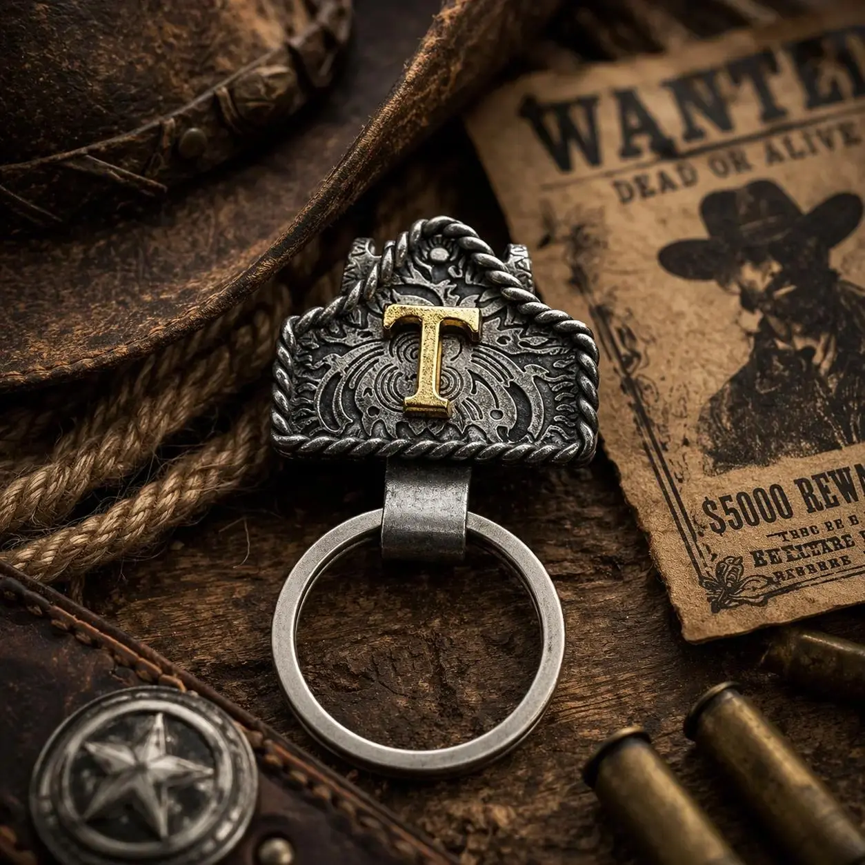 Handcrafted Cattle Ear Tag-Style Waist-Clip Keychain (with Brass Initial) — Unisex Custom Western-Style Keychain, Texas-Inspired Cowboy Accessory, Handmade Metal A-Z Initial Charm; Suitable for Bags, Keys, and Gifting