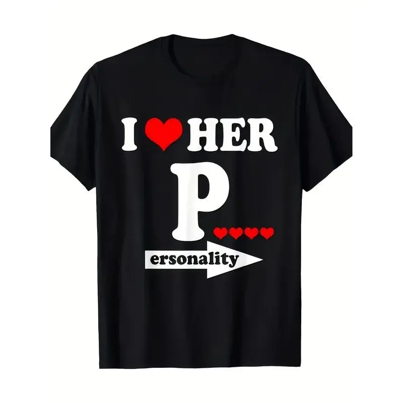 Men'S T-Shirt Featuring 'I Love Her' with a Red Heart Between 'I' And 'Her', And Four Red Hearts Above an Arrow. It Has a Crew Neck, Is Soft And Comfortable, And Is Part of a Limited-Time Flash