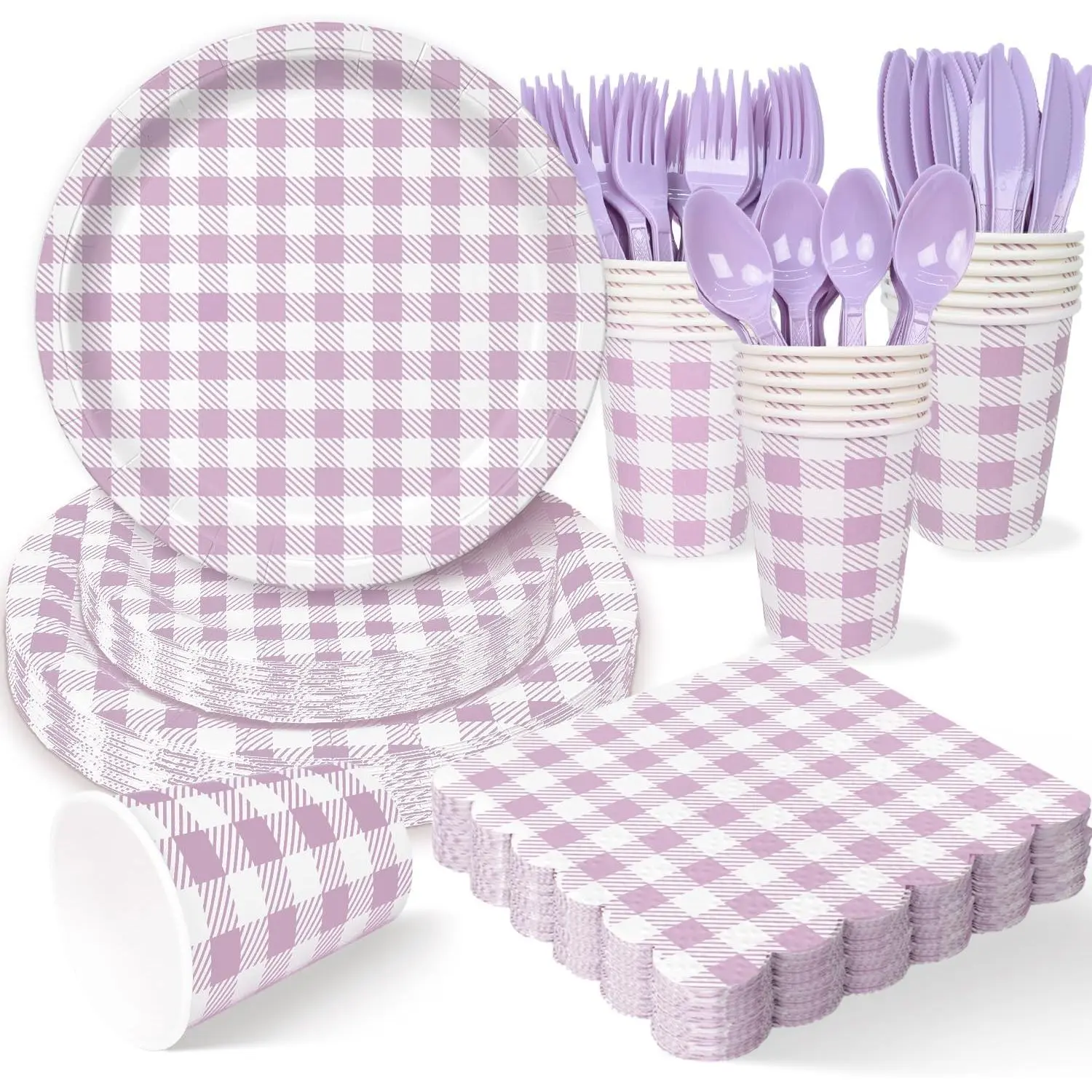 Checkered Gingham Paper Plates and Napkins Set for 50" 9" Dinner Plates & 7" Dessert Plate, Birthday Party (Lavender Gingham, 175 count)