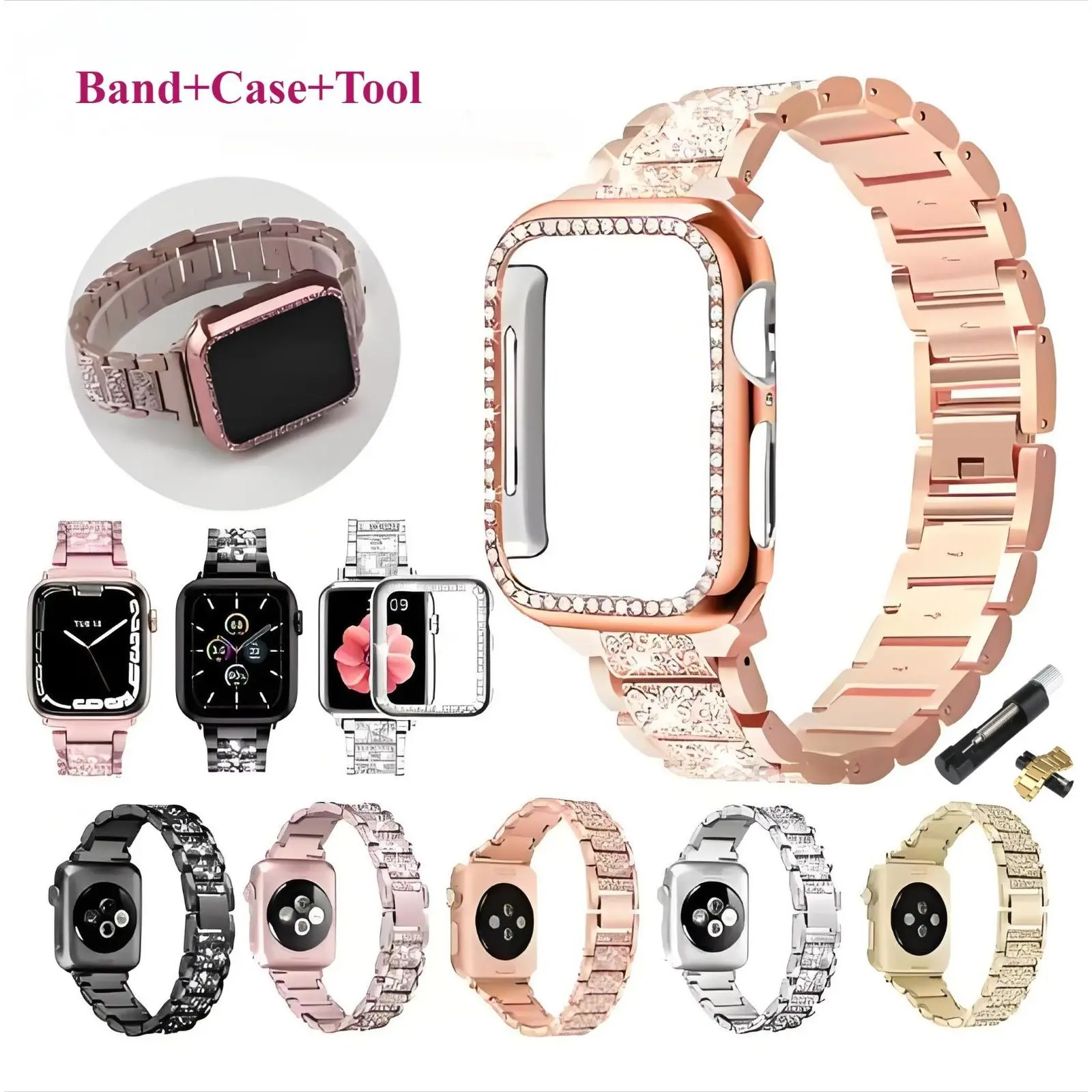 3 in 1 Bling Metal Watch Band+Case+Tool For Apple Watch Series 11 10 9 8 7 6 5 4 3 2 1 SE 3 2 1 Ultra 3 2 1 iWatch 42/38/44/40/41/45/46/49mm Bling Band Strap Women Replaced Strap Luxury Diamond Band Metal Stainless Steel Belt Equipped with A Resizing Tool