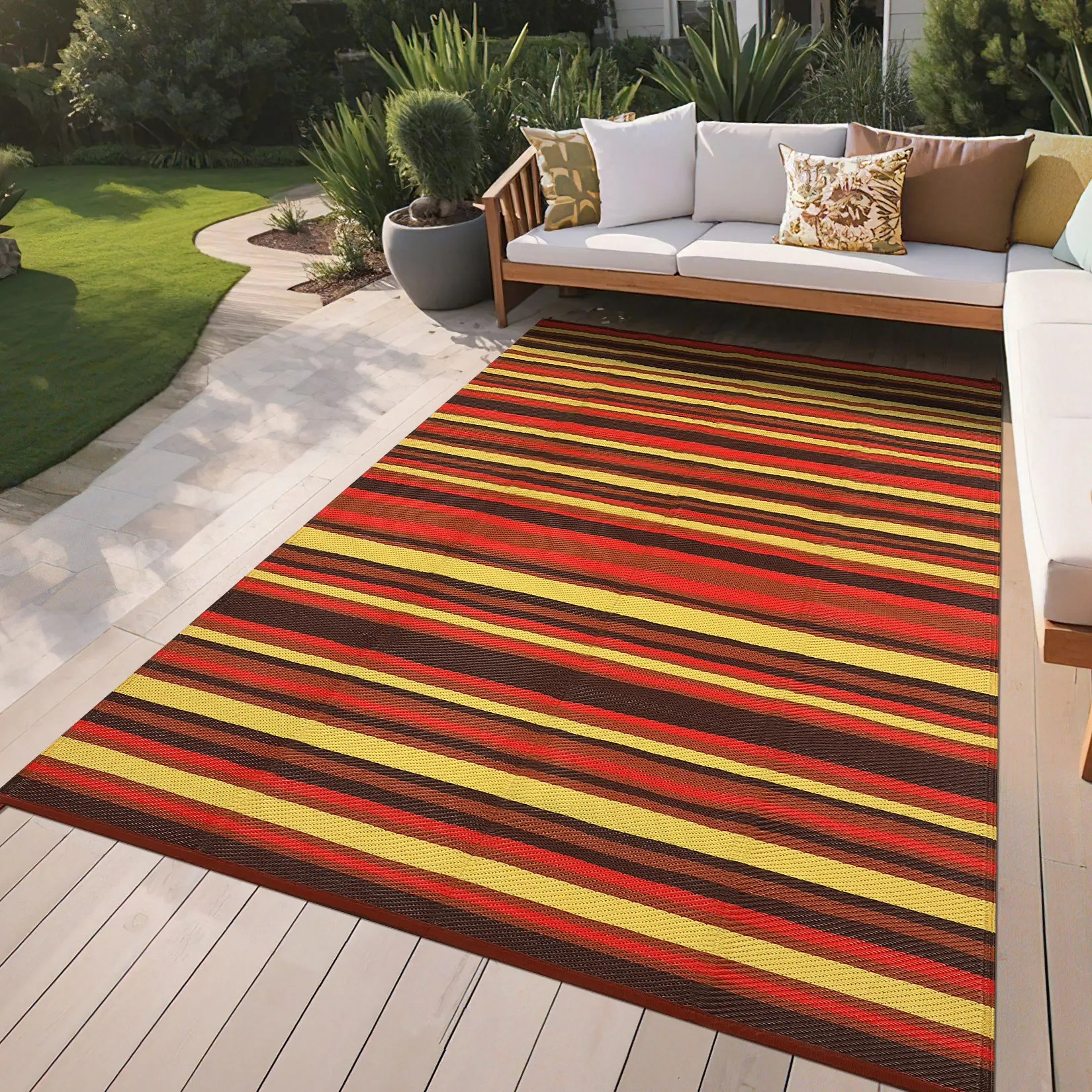 Waterproof Reversible Plastic Patio Rug - Modern Geometric Striped Geometric Area Rug, Polypropylene Plastic Straw Material, Sun-Protective, Durable, Mark-Resistant - Ideal for Patio, Pool Parties, Outside Rug, Geometric Area Rugs