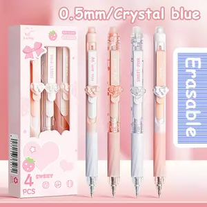 4Pcs long pen clip pull-down erasable pen 0.5mm with erasable head to push out the core for more convenience; soft grip sheath, black and blue ink, school aesthetic stationery brush question pen, test pen, signature pen, holiday gifts
