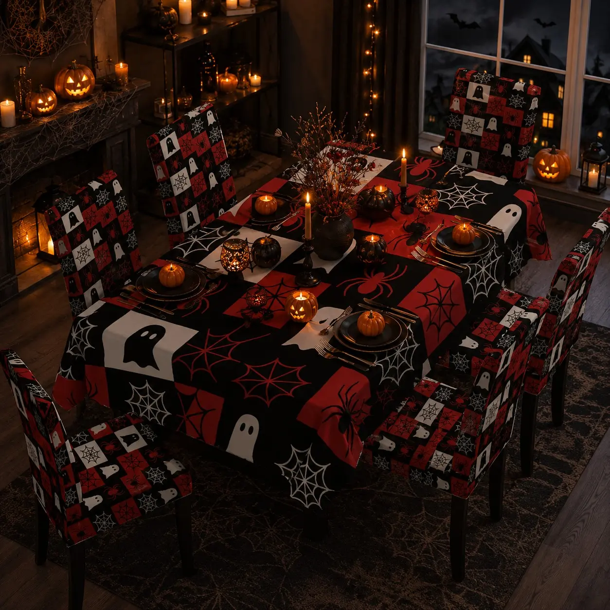 5/7 Pcs Red Black Checkered Ghost Spider Web Halloween Print Tablecloth & Chair Cover Set, Retro Horror Holiday Party Decor, Stretch Removable Washable Dining Chair Slipcover, For Halloween Parties, Family Gatherings & Household Table Decor
