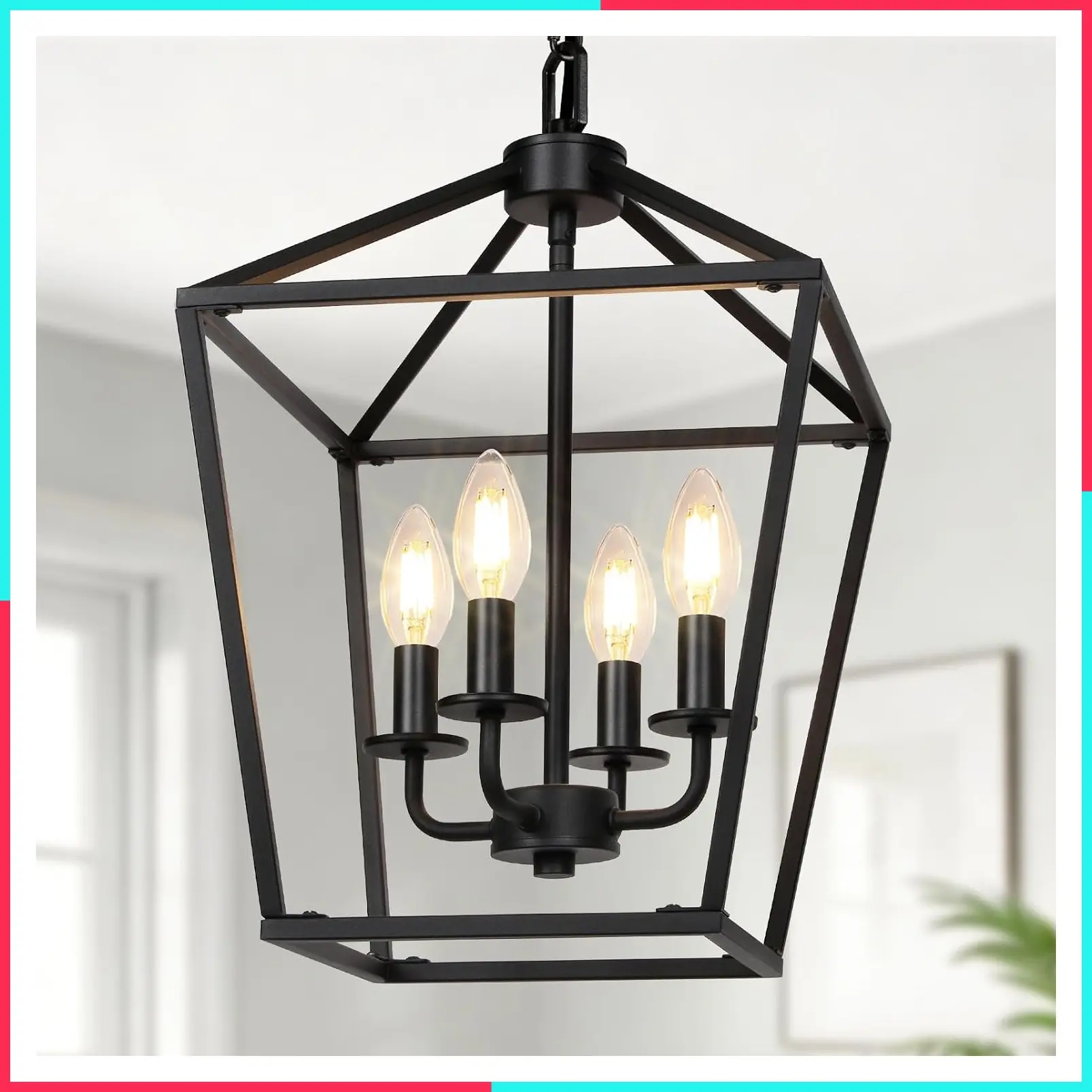 4 Light Chandelier, Industrial Black Lantern Ceiling Light Fixture with Farmhouse Metal Cage, Adjustable Height, Rustic Geometric Hanging Light, E12 Base for Kitchen Island, Entryway, Indoor