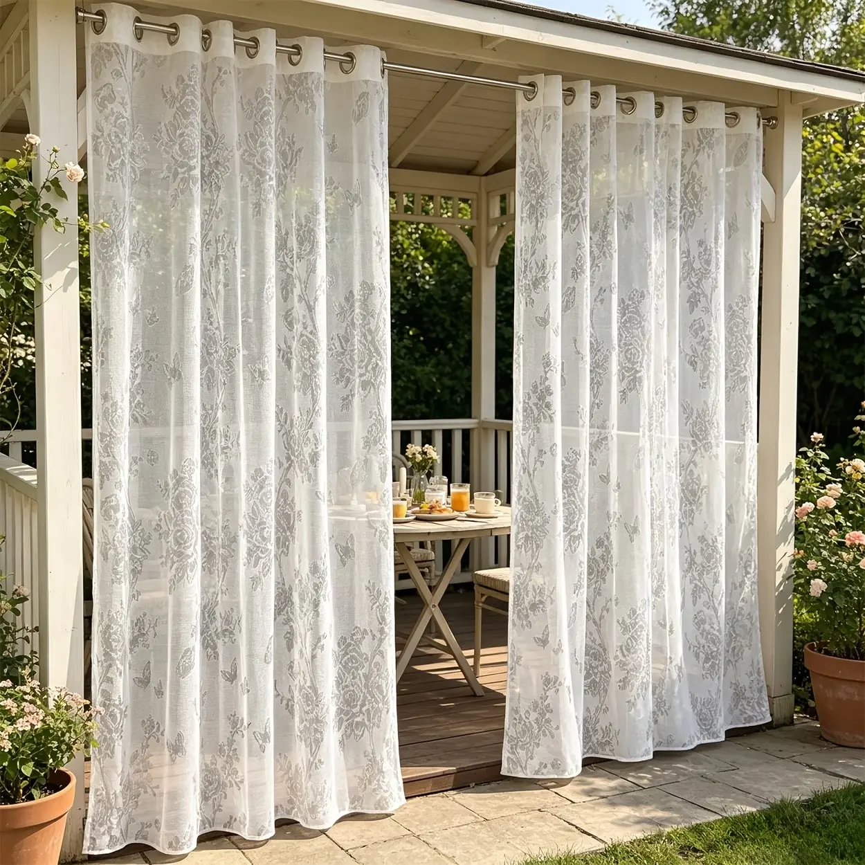 1pc Butterfly Floral Lace Curtain, Gazebo Curtains Outdoor, Transparent Drapes with Top Grommets, Ideal for Outdoor Gazebos, Patios, Porches, Casual Style