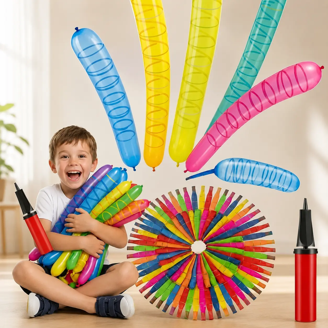 100-Count Rocket Balloon Pack with Quick-Fill Pump, Reusable Flying Party Balloons for Kids, Outdoor Play Lawn Games, Summer Carnival Birthday Favors, Easy-Fill No-Refill Indoor-Outdoor Toys, Boys' Gifts, Balloons Pack