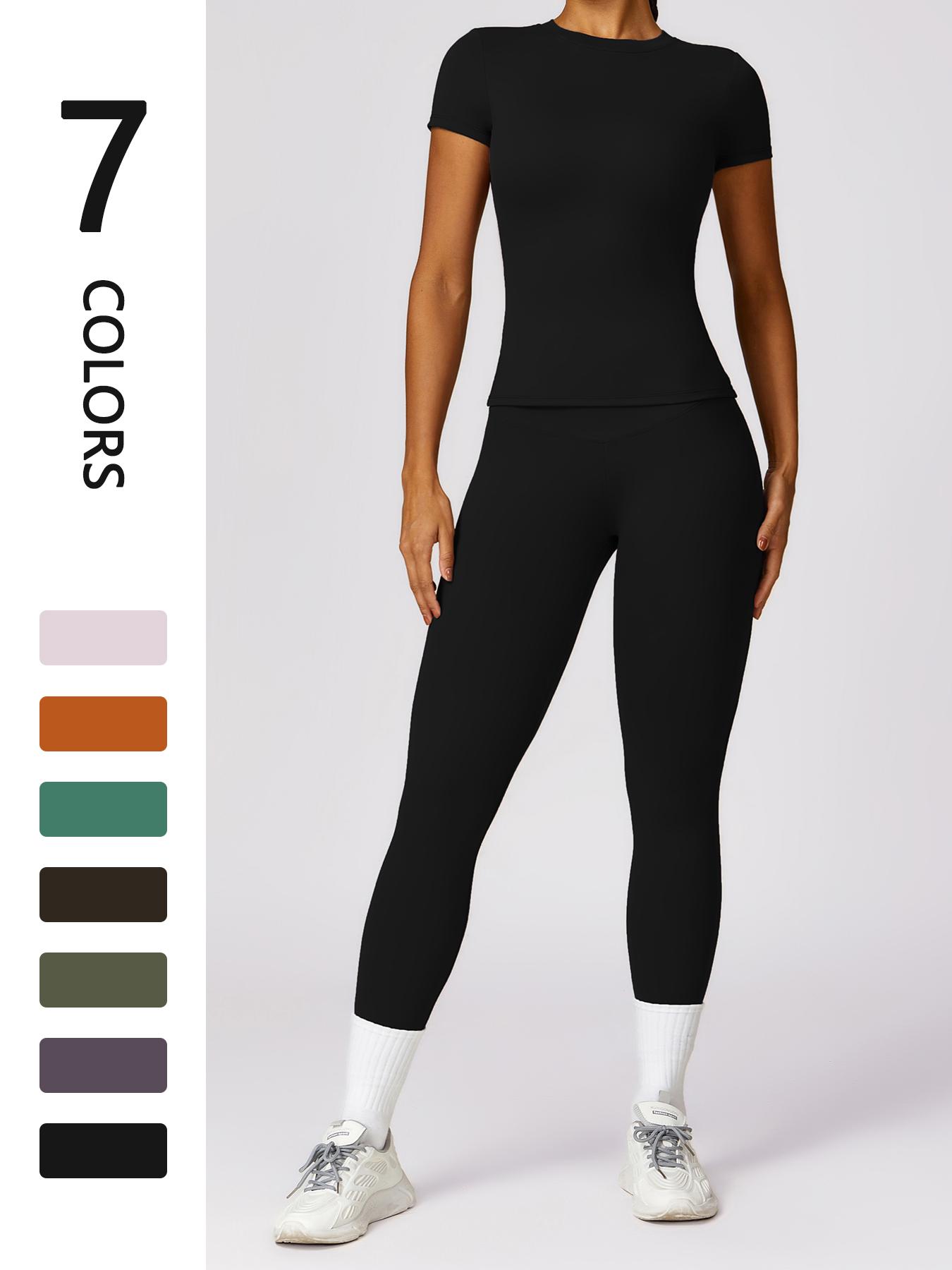 Women's Solid Round Neck Tee & High Waist Leggings Sportswear Set, Breathable Quick Drying Short Sleeve T-shirt & Skinny Pants, Ladies Sportswear for Indoor Outdoor Wear