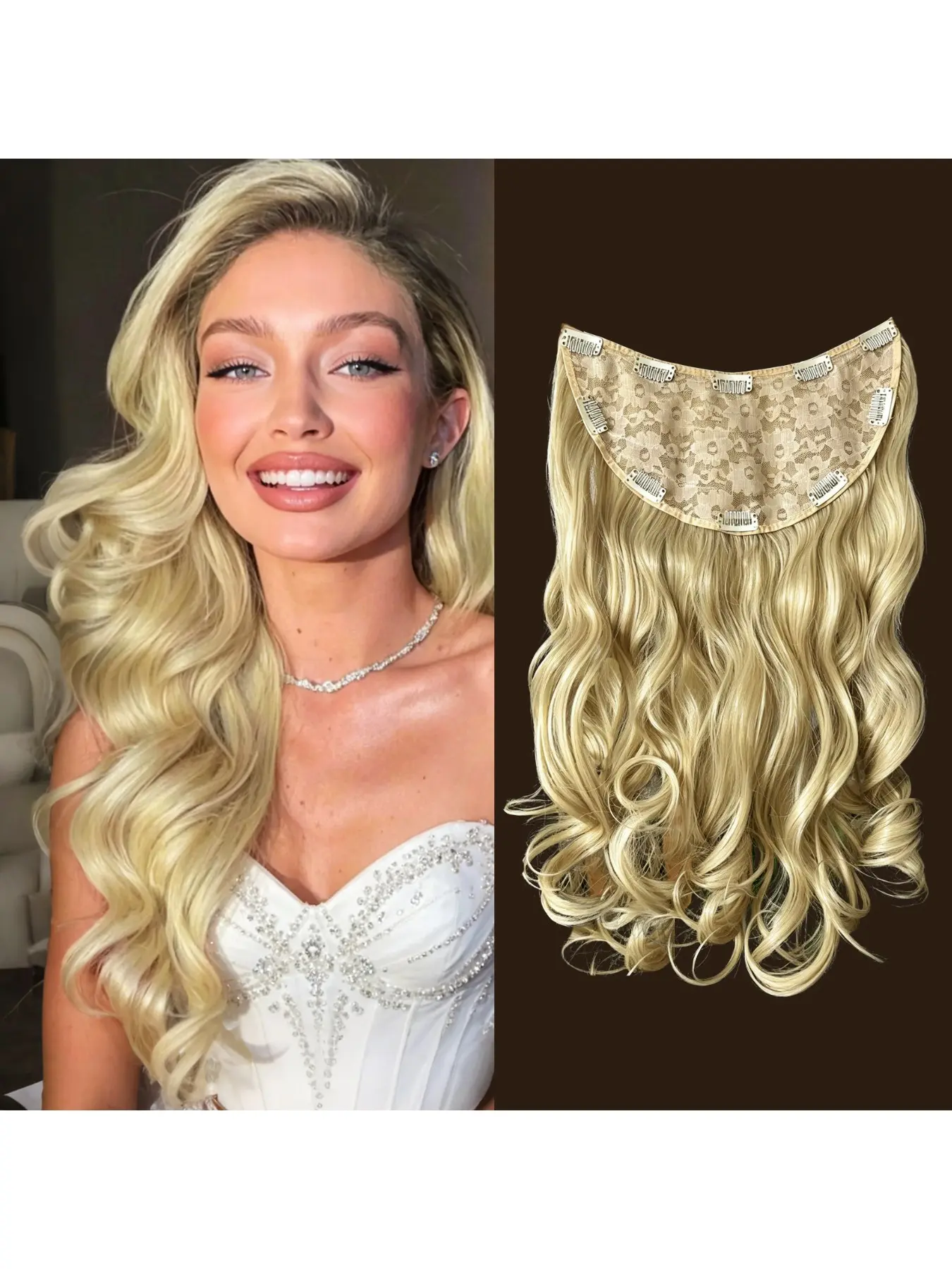 22-inch long wavy clip-in hair extension, invisible and voluminous all-in-one U-shaped wig piece, perfect for daily wear, weddings, parties, and holidays for women