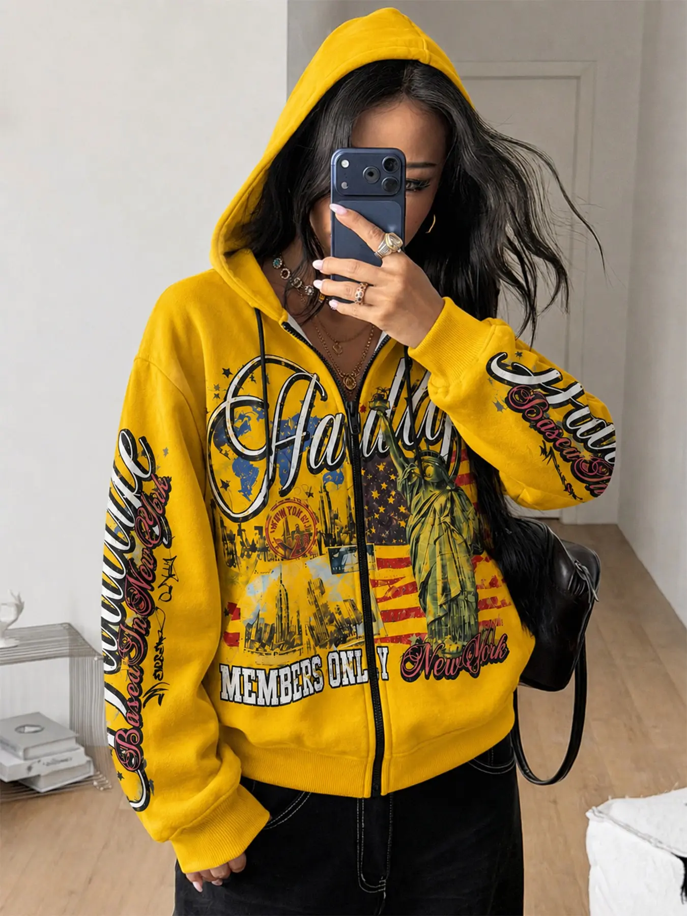 Women's Statue of Liberty Hooded Long Sleeve Zipper Jacket, Sporty Open Front Sweatshirt, Casual Outerwear for All Seasons